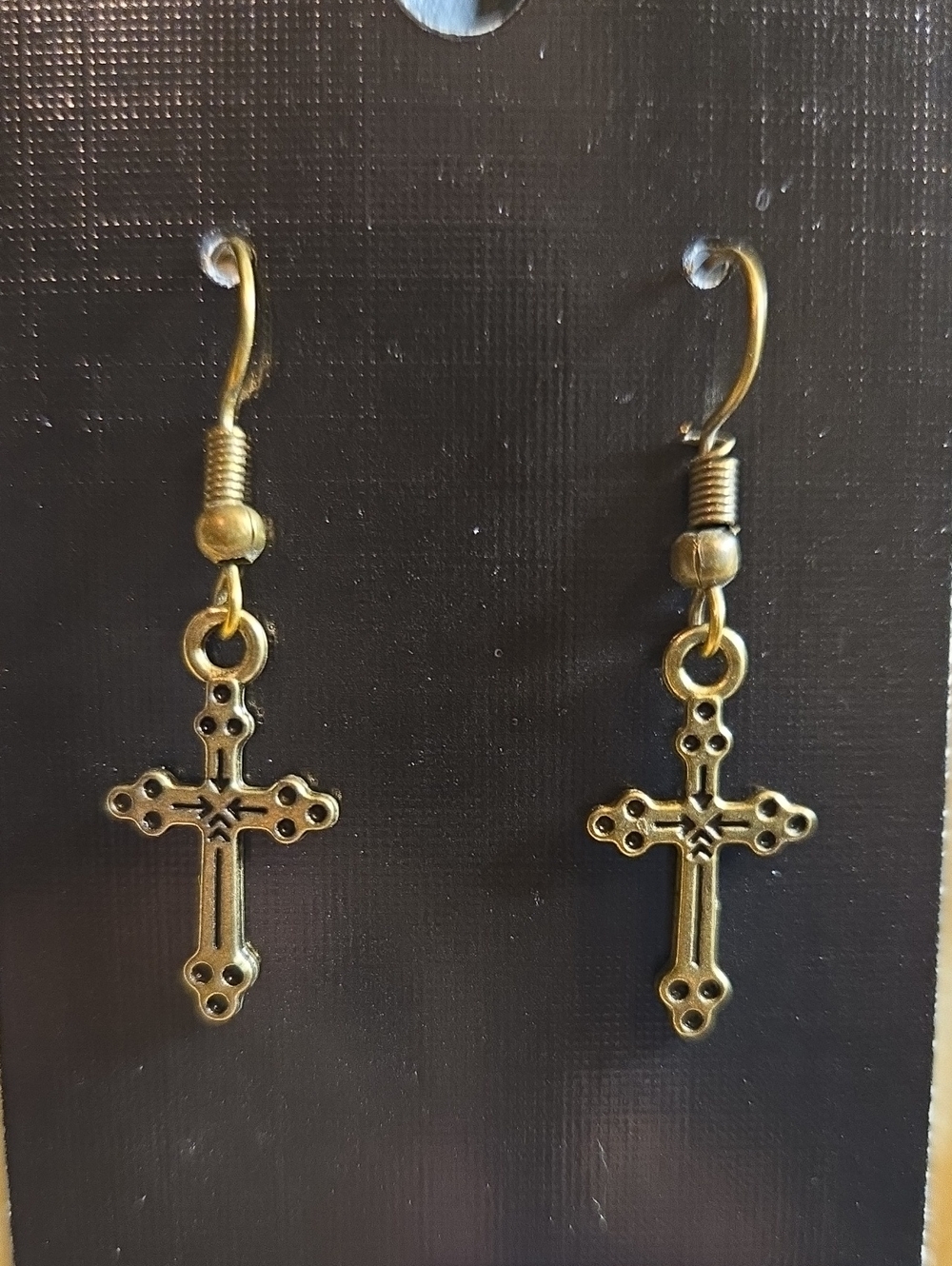 Antique Gold Brass Cross Dangle Earrings - Classic Religious Jewelry
